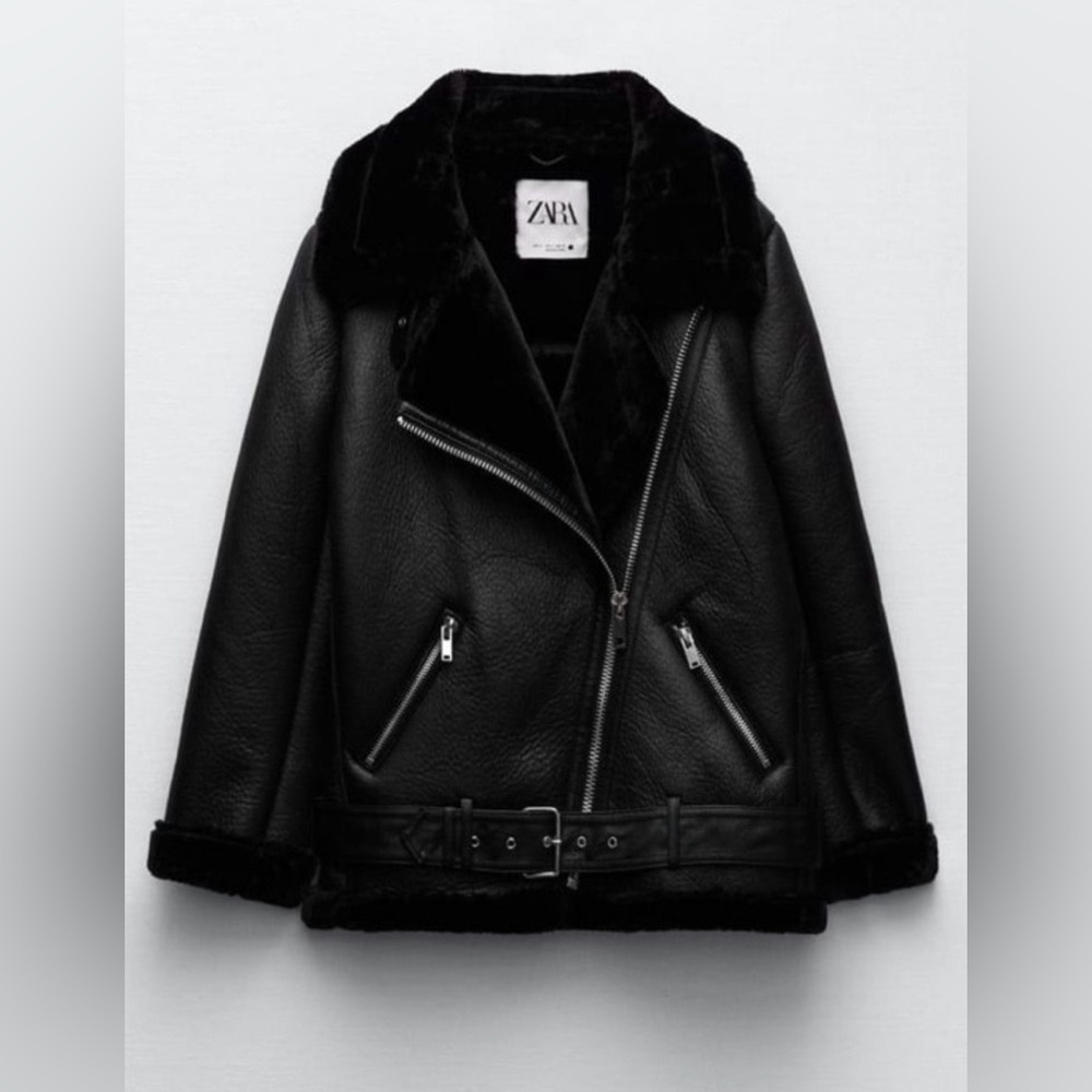 Zara Leather Aviator Jacket with Shearling Collar